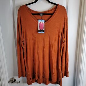 Adrianna Papell Womens Sz Lg Long Sleeve V-neck Blouse Auburn / Burnt Orange NWT
